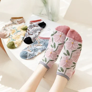 1 Чифт женски Чорапи-лодочек с цветна Бродерия в стил харадзюку, Ретро, Чорапи до Глезена с дълбоко Деколте, Дамски Модни Летни Тънки Дишащи Къси Чорапи