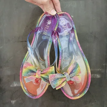 2022 г., Лятна Мода Плажната обувки, Прозрачни дамски Чехли, Цветни Джапанки от PVC с кристали, дамски Желейные обувки с Лък и възел
