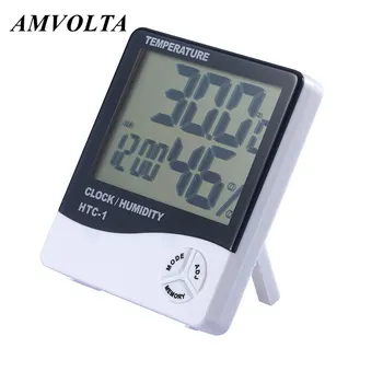 Amvolta Измерване на Температурата И Влажността на LCD Цифров HTC-1 Електронен Влагомер за стая, Термометър, метеорологичната станция с Часовник
