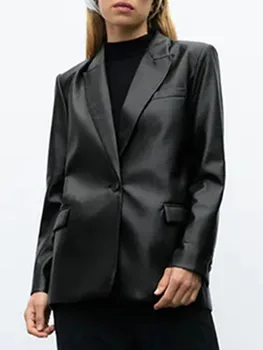 ZA есен нова ретро модерен женски джоба на една пуговице с дълги ръкави и ревери, изкуствена кожа, оборудвана яке