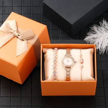 Дамски Изискани Кръгли Часовник от Розово Злато, 2 броя, Красиви Гривни, най-Добрият Коледен Подаръчен Комплект С Кутия, Подарък за Жена, на Мама