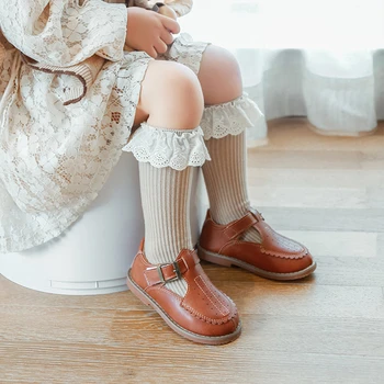 Детски чорапи, есенни и зимни чорапи за момичета, чорапи-тръба с дължина до коляното без шипове, дантелен бебешки памучни чорапи