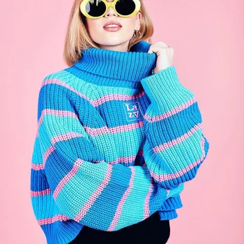Есенно-зимния женски вязаный пуловер с мързеливи букви, бродирани цветни ивици, с висока яка, без жена пуловер