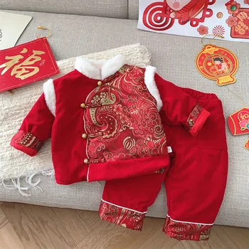 Комплекти Зимни дрехи за момичета, Плътни топли Вельветовые Потник + Панталон, Костюм от две части за Малки Момчета, Коледна Детски Дрехи В Китайски стил