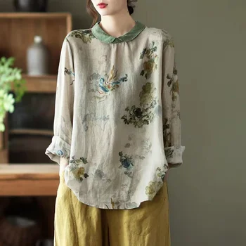Реколта Китайски Традиционни Дамски Блузи, Ежедневни Свободна Блуза, Дамски Зелена Оранжева Лятна Дамски Дрехи, Ризи с Къс ръкав